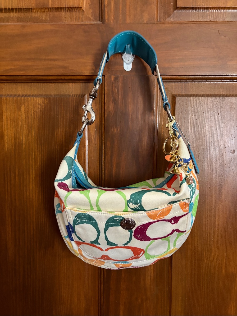 Coach Multicolor Canvas Shoulder Bag with Teal Trim